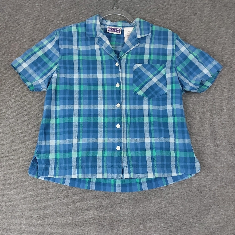 ERIKA & CO WOMENS VTG BLUE PLAID SHORT SLEEVE 100% COTTON BUTTON FRONT SHIRT M